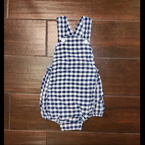 12 M Ella Gray Boutique Navy/white plaid gingham Overalls Bubble Sunsuit